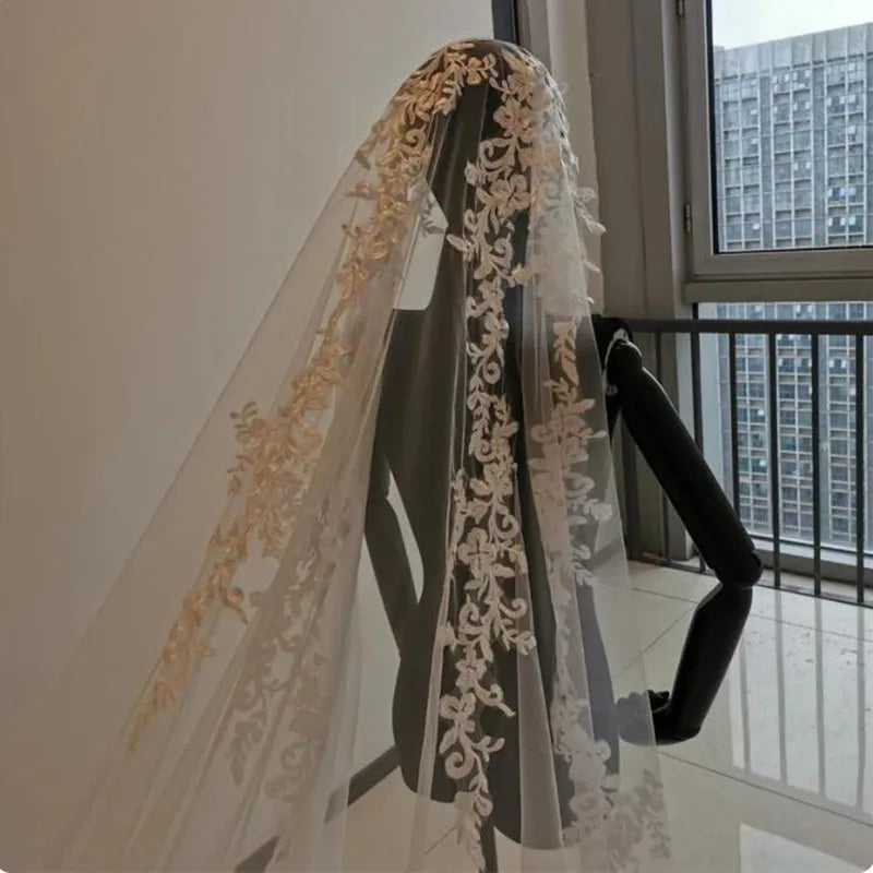 Ivory One Layer Cathedral Wedding Veil With Lace Appliqued Edge