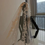 Ivory One Layer Cathedral Wedding Veil With Lace Appliqued Edge
