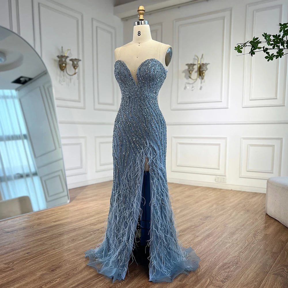 Serene Hill Custom Blue Strapless Evening Gown For Women With Beaded Feathers