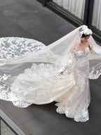 Custom Long Cathedral Wedding Veil With Lace Appliques And Comb