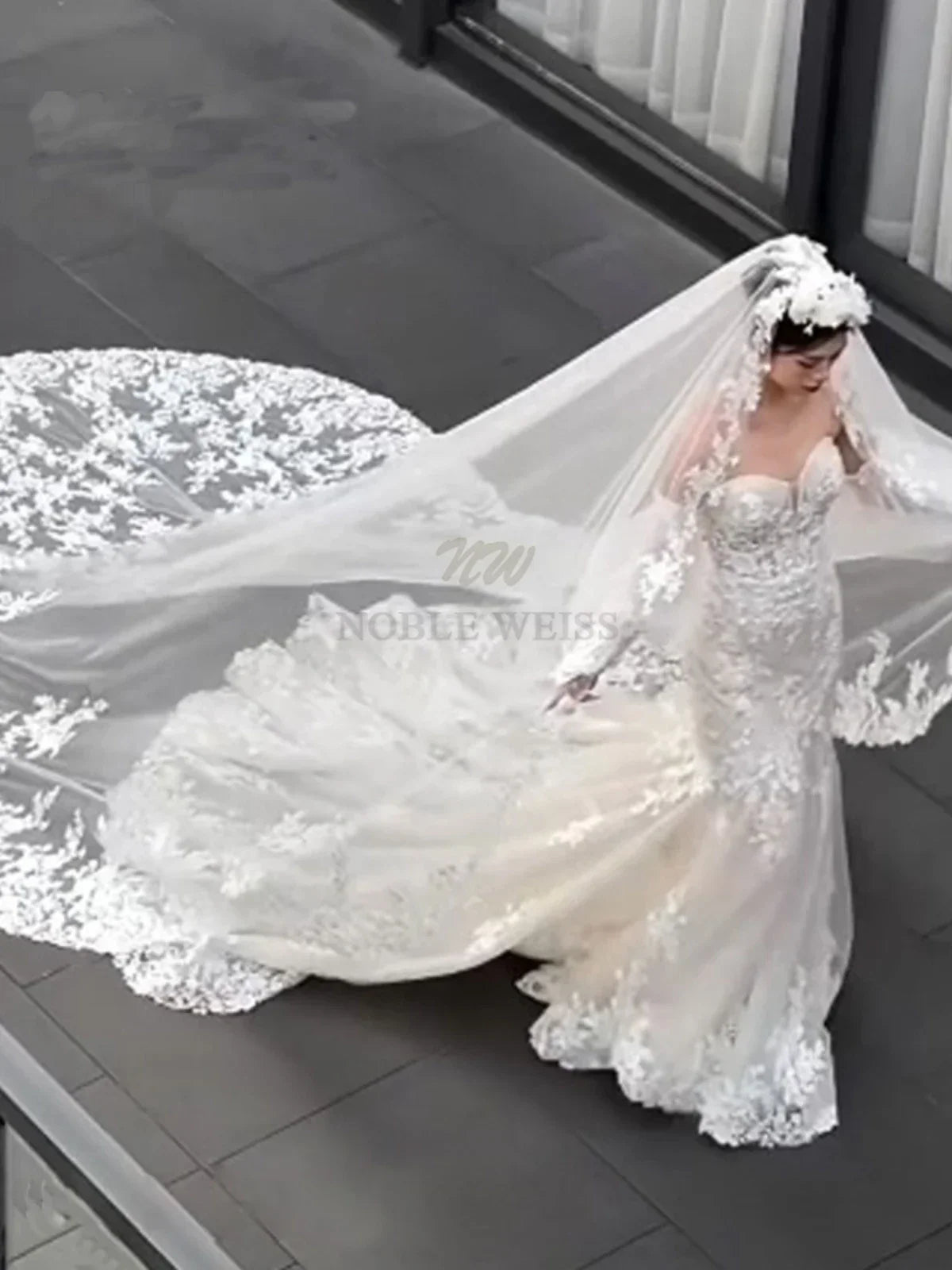 Custom Long Cathedral Wedding Veil With Lace Appliques And Comb