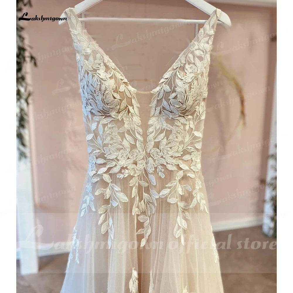 Custom Made Champagne Bridal Gown With V Neck Lace Appliques