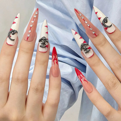 10 uñas postizas largas de aguja, hechas a mano, estilo francés, color rojo, blanco brillante, con purpurina, decoración de diamantes, reutilizables. 