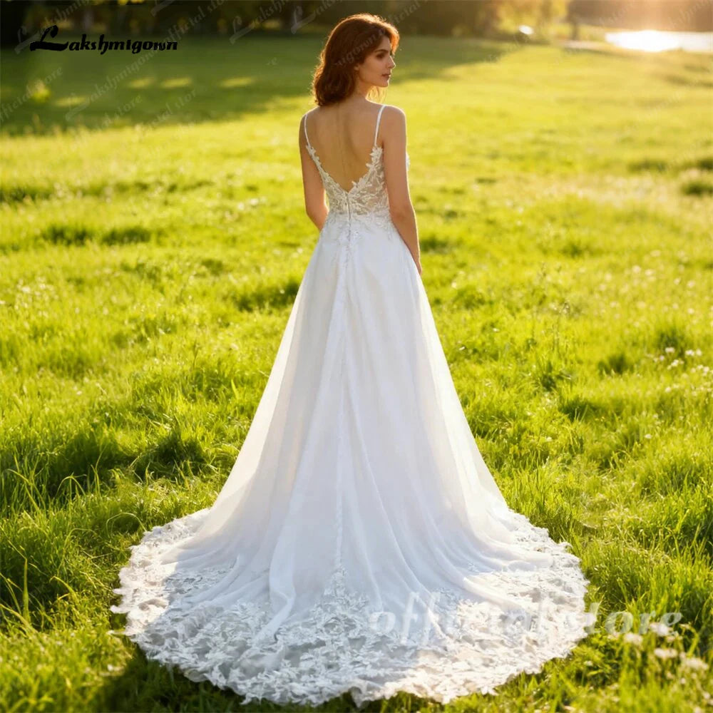 Customized Lace Backless Wedding Dress With Spaghetti Straps And Long Train
