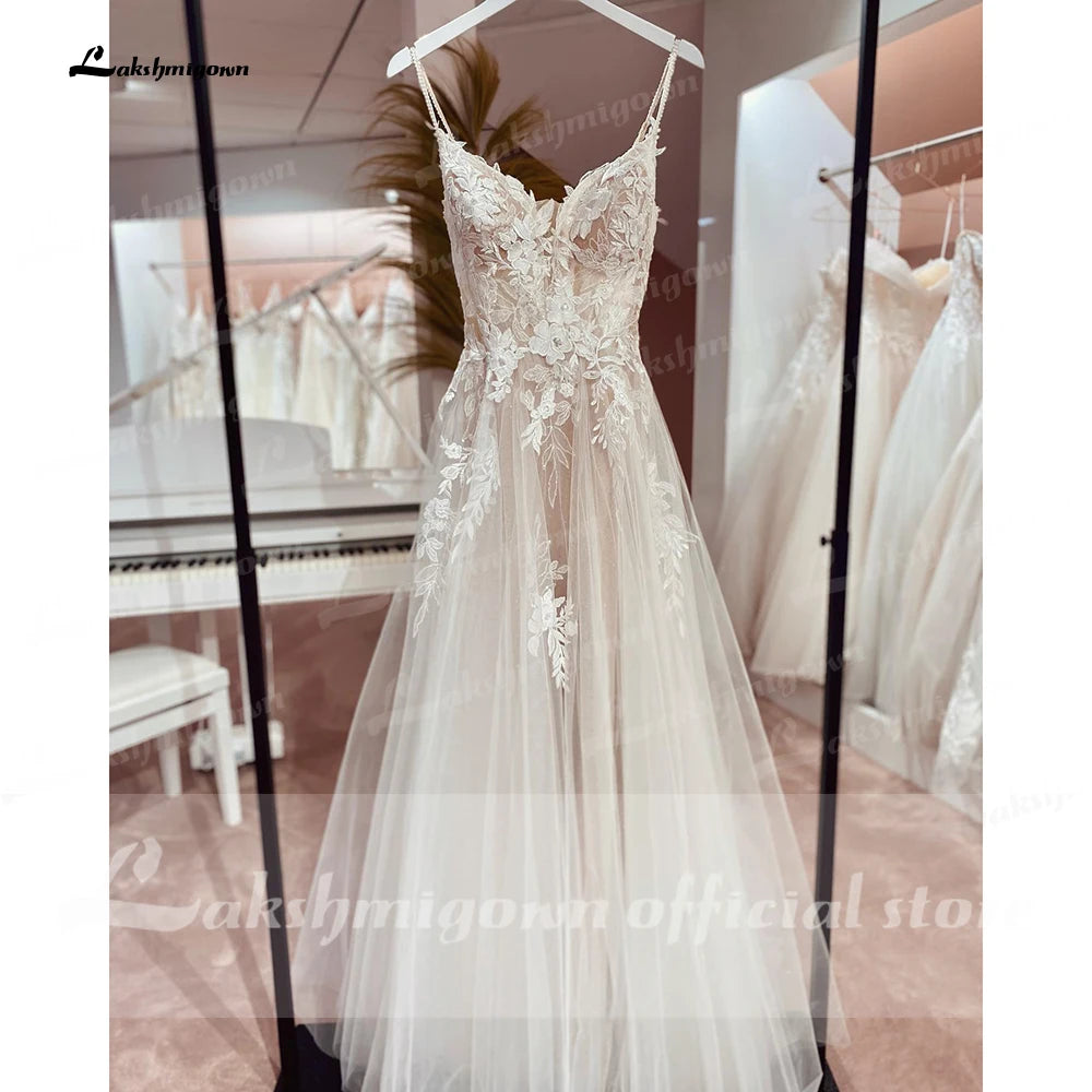 Custom Made Spaghetti Strap Lace Wedding Dress Bohemian Open Back Bridal Gown