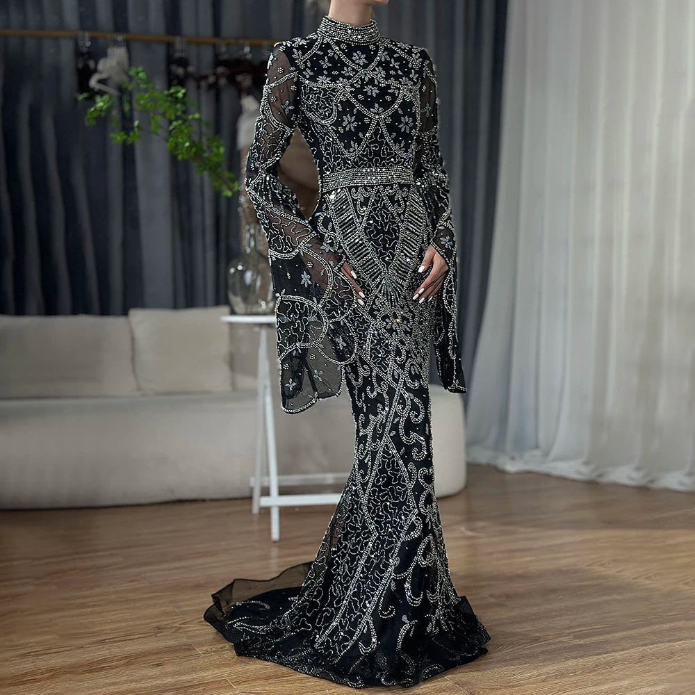 Customized Gray Mermaid Evening Dress With Cape Sleeve Beaded Gown