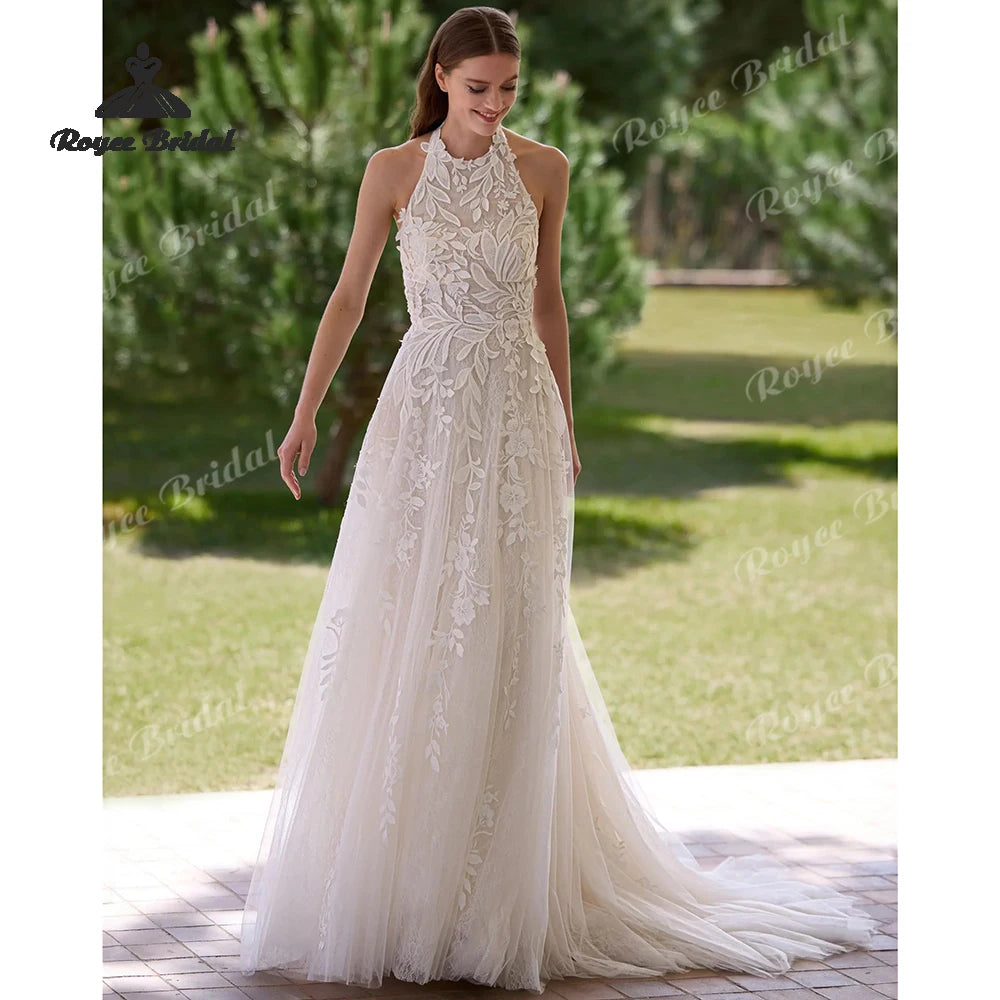 Custom A Line Lace Wedding Dress With Floral Appliques