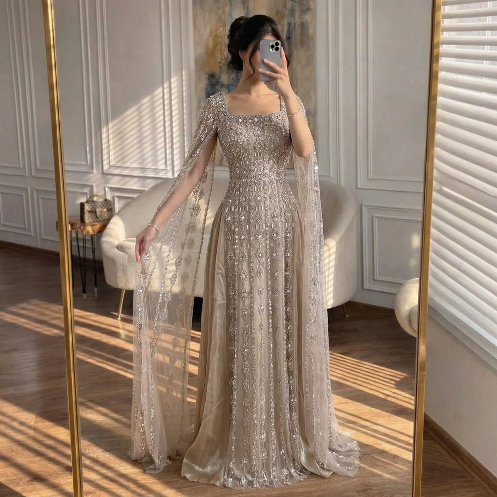 Luxury Beaded Evening Gown Cape Sleeve Square Neck Custom Muslim Wedding Dress