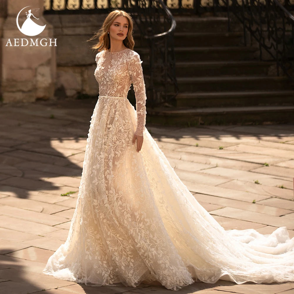 Boho A Line Wedding Dress Long Sleeve Lace Pearl Sequined Custom Bridal Gown