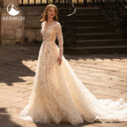Boho A Line Wedding Dress Long Sleeve Lace Pearl Sequined Custom Bridal Gown