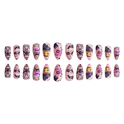 24 parches de uñas postizas de almendra para usar, con temática de Halloween, con diseño de araña bailando, murciélago y calabaza, manicura DIY. 