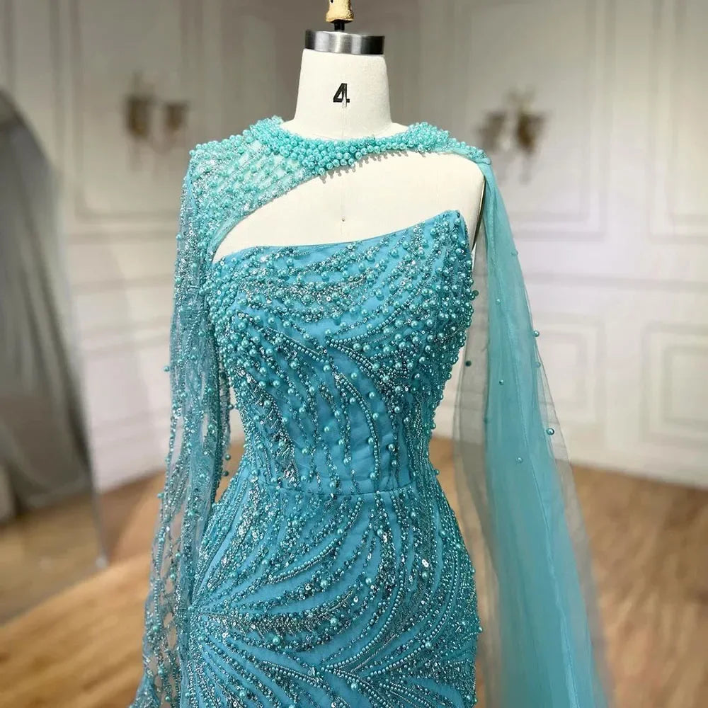Custom Blue Mermaid Evening Dress Pearl Beaded Formal Gown With Gloves