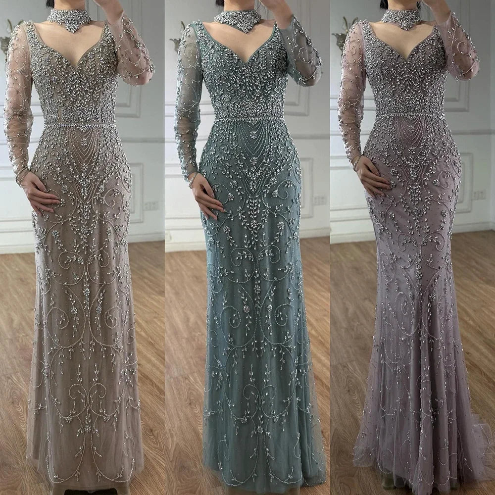 Custom Turquoise Mermaid Evening Dress With Long Sleeves And Beading