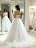 Ivory Lace Satin Corset Strapless Ball Gown Wedding Dress