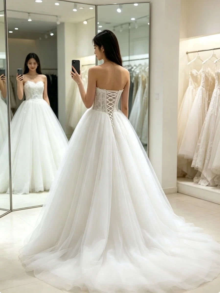 Ivory Lace Satin Corset Strapless Ball Gown Wedding Dress