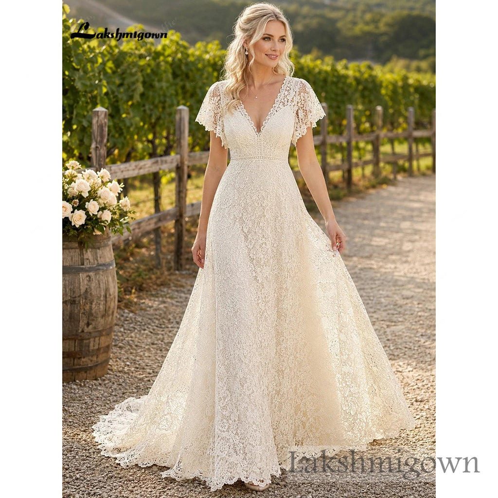 Custom Full Lace A Line BoHo Wedding Dress With Deep V Neck And Sleeves