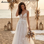 Custom V Neck Lace A Line Wedding Floor Length Spaghetti Strap