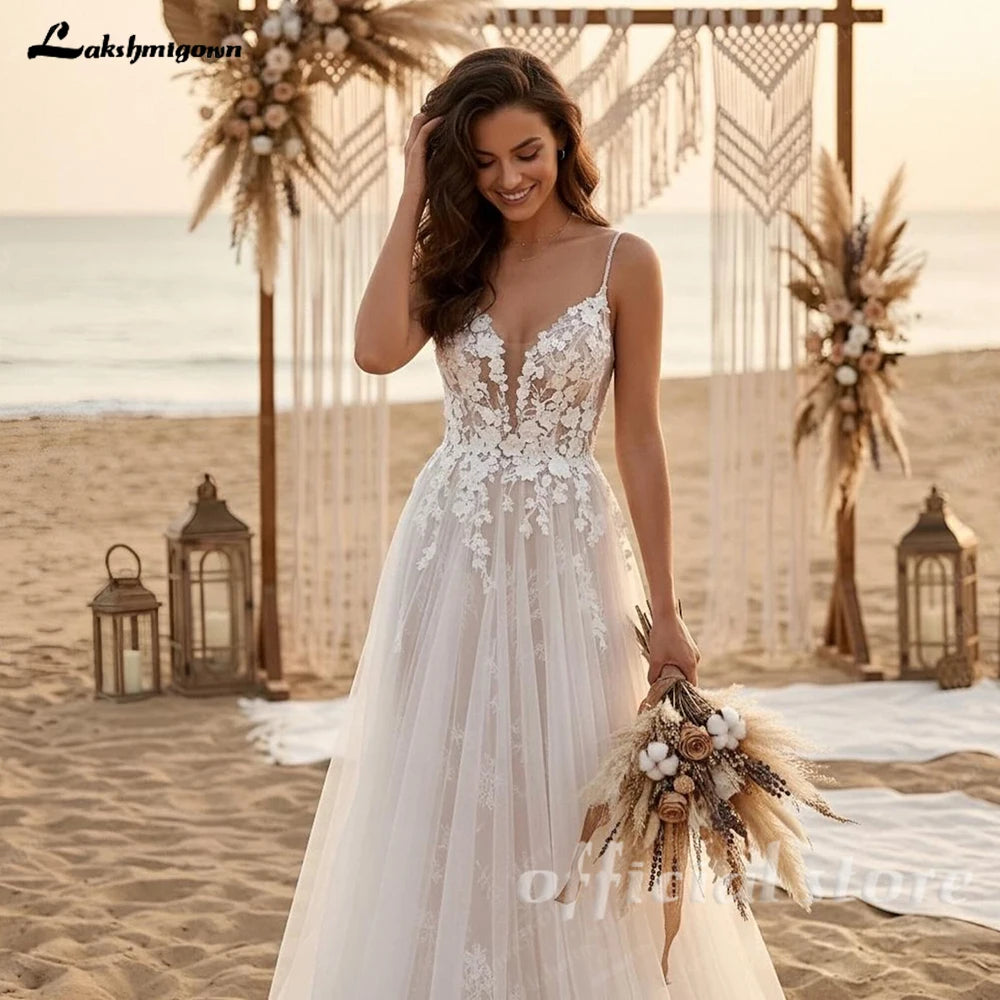 Custom V Neck Lace A Line Wedding Floor Length Spaghetti Strap
