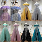 Custom Yellow Feather Beaded Mermaid Evening Dress With Overskirt Side Slit