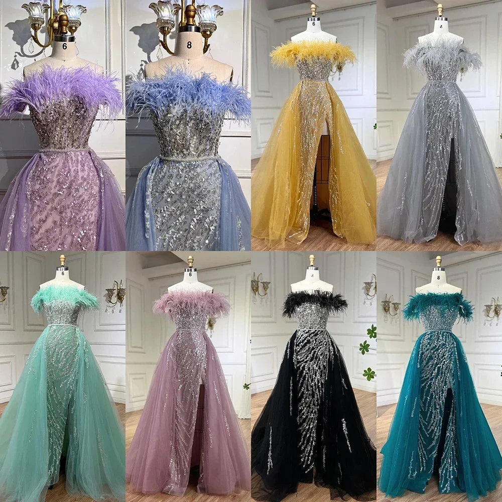 Custom Yellow Feather Beaded Mermaid Evening Dress With Overskirt Side Slit