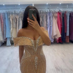 Serene Hill Custom Gold Beaded Mermaid Evening Dress Women Party Gown