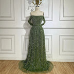 Serene Hill Olive Green A Line Off Shoulder Evening Dress With Pearl Beading