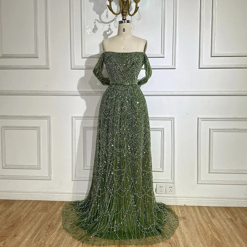 Serene Hill Olive Green A Line Off Shoulder Evening Dress With Pearl Beading