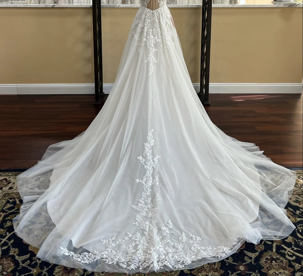 Custom A Line Wedding Dress Spaghetti Straps V Neck Beaded Lace Bridal Gown