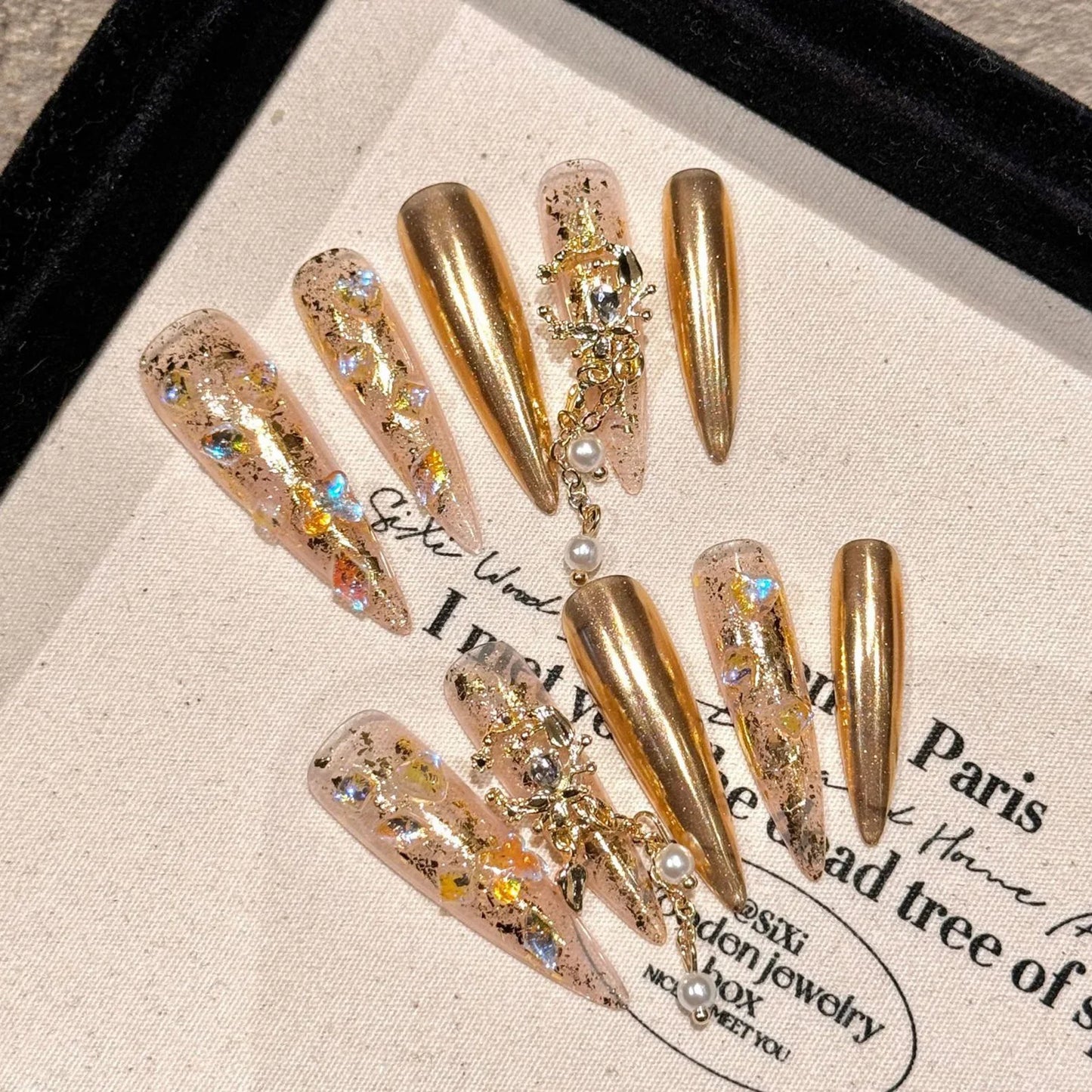 10 uñas postizas hechas a mano con diamantes brillantes, ligeras, de lujo, largas y puntiagudas, cobertura completa, uñas postizas Y2k, regalos de Año Nuevo. 