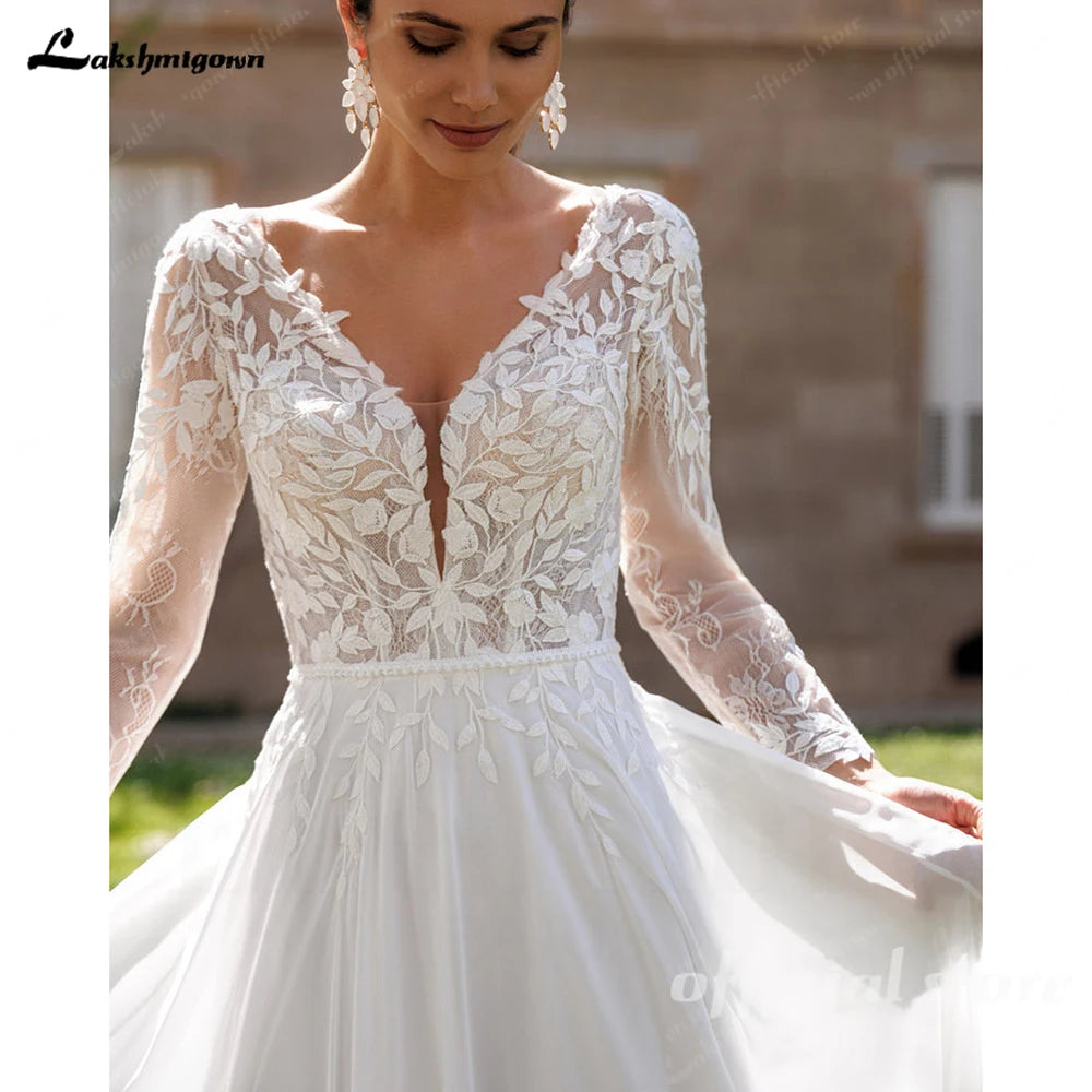 Lakshmigown Lace V-Neck Chiffon Wedding Dress A-Line Backless Customized