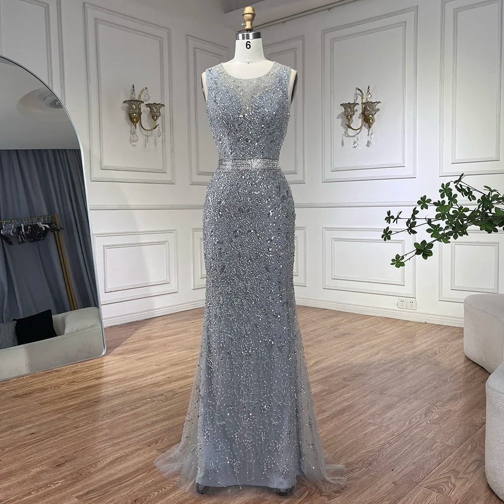 Gray Arabic Mermaid Beaded Evening Dress With Detachable Cape