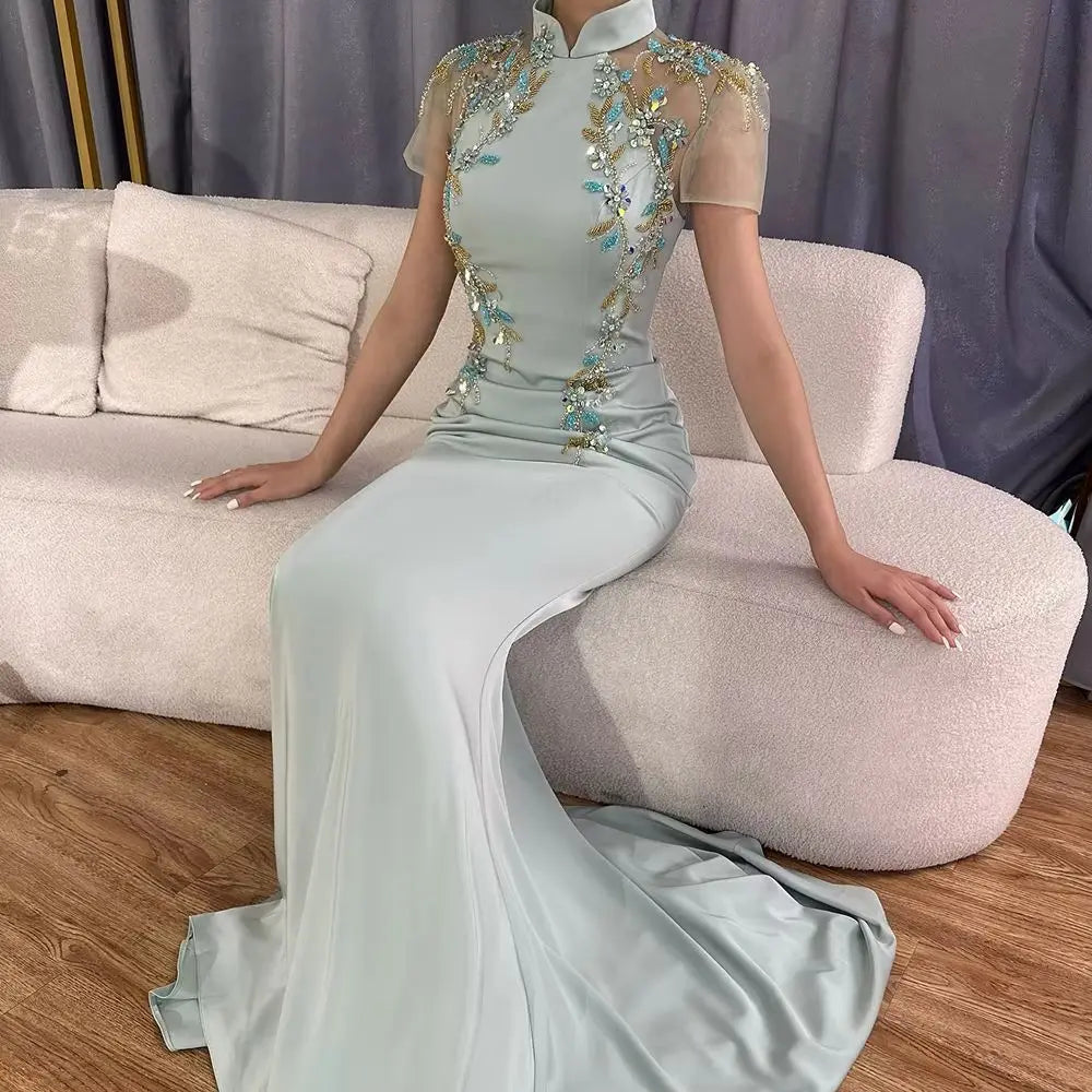 Serene Hill Custom Beaded Satin Mermaid Evening Gown For Formal Events