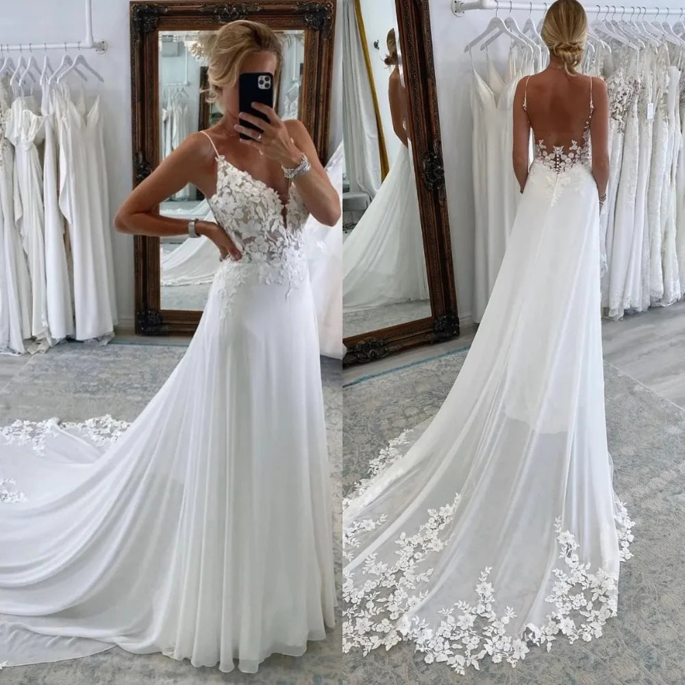 Boho Beach A Line Chiffon Wedding Dress With V Neck And Spaghetti Straps