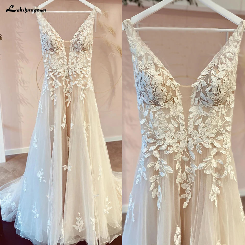 Custom Made Champagne Bridal Gown With V Neck Lace Appliques