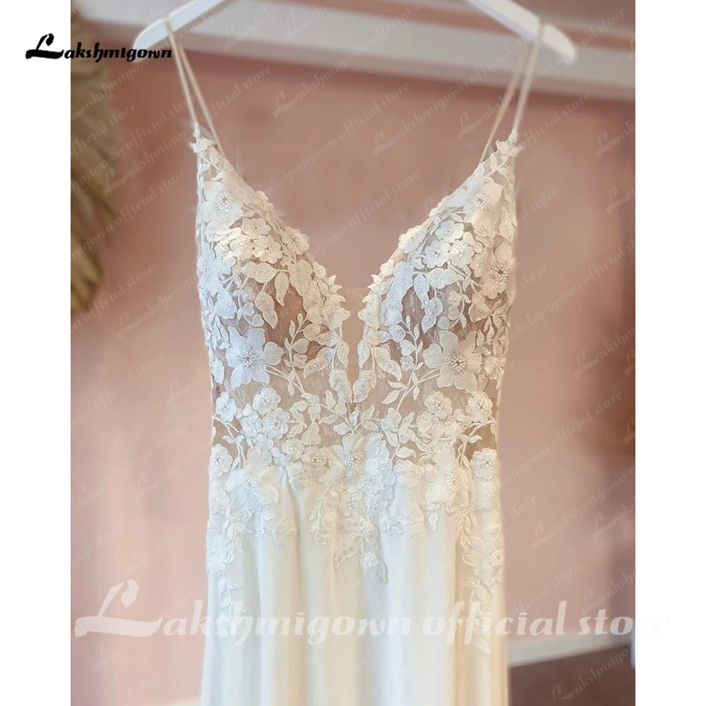 Customized Beach Wedding Dress With Vintage Lace Boho Spaghetti Straps