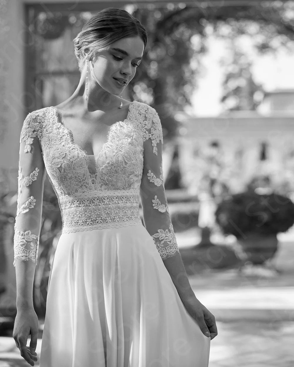 Summer Boho Lace Beach Wedding Dress V Neck Three Quarter Sleeves