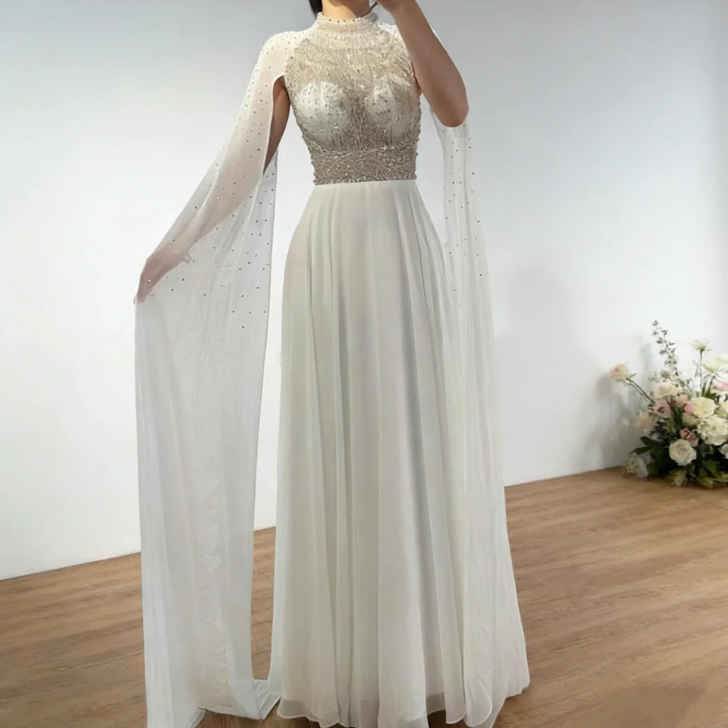 Serene Hill White Chiffon A Line Cape Sleeve Bridesmaid Dress