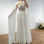 Serene Hill White Chiffon A Line Cape Sleeve Bridesmaid Dress