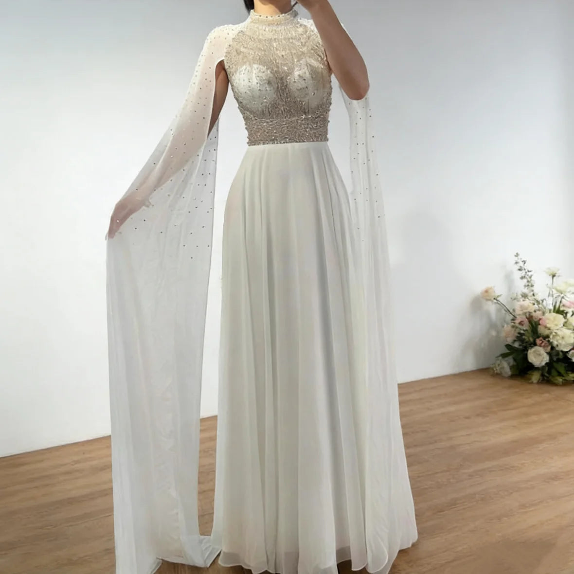 Serene Hill White Chiffon A Line Cape Sleeve Bridesmaid Dress