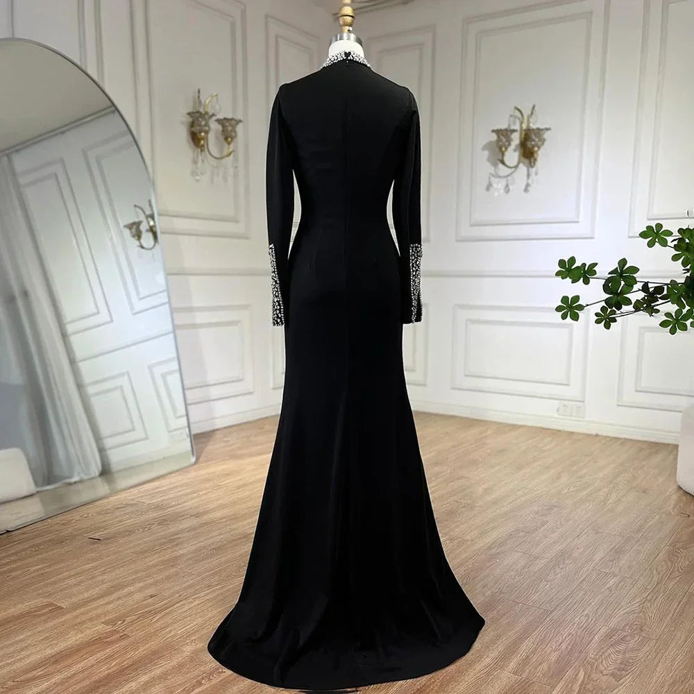 Women Custom Black Satin Mock Neck Mermaid Evening Dress With Split