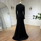Women Custom Black Satin Mock Neck Mermaid Evening Dress With Split