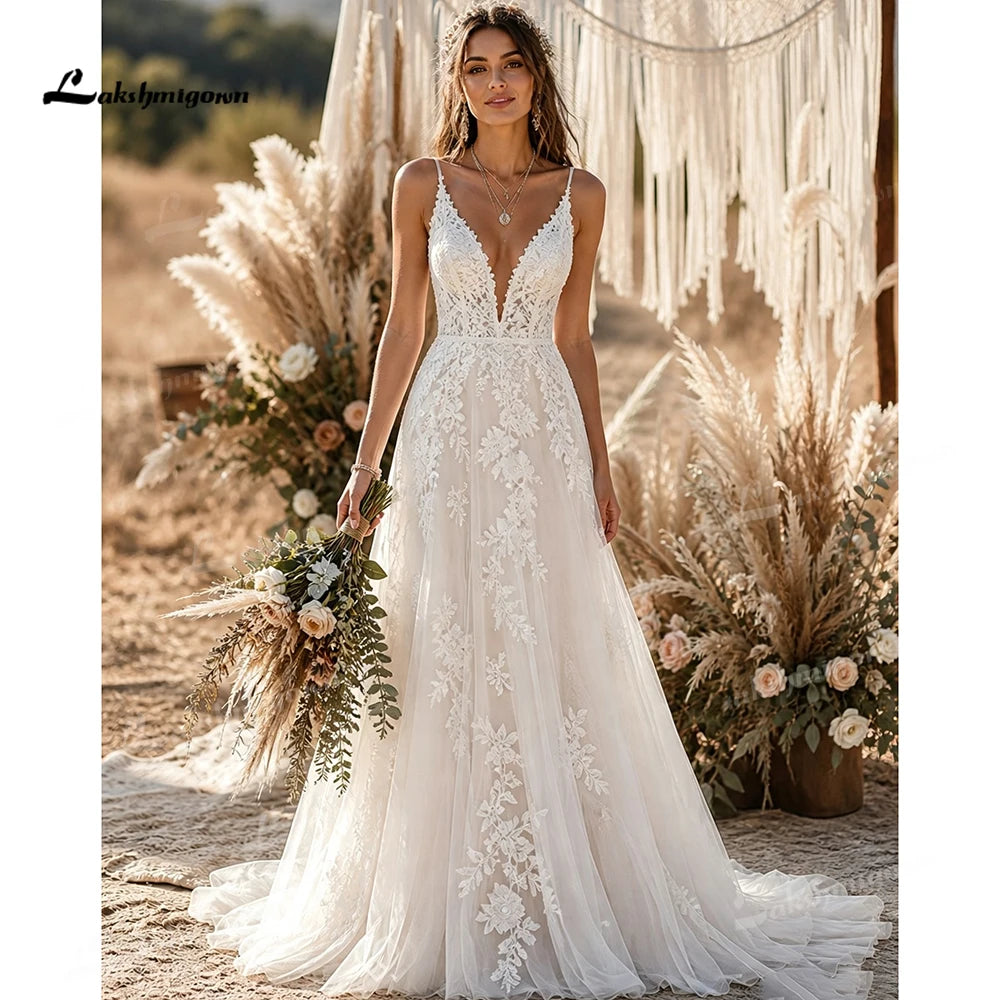 Custom Boho Wedding Dress With Floral Lace And Deep V Neck A Line Bridal