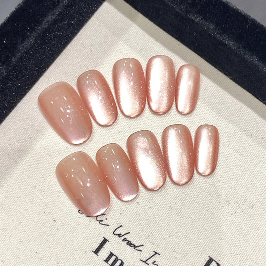 10 uñas postizas hechas a mano, color nude brillante, estilo ojo de gato, cobertura total, parches de bailarina para usar. 