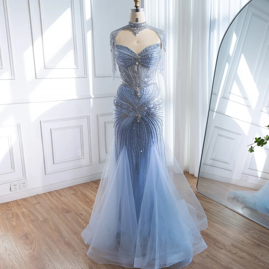 Luxury Dubai Beaded Blue Pink Evening Dress with Tassel Cape LA72897B
