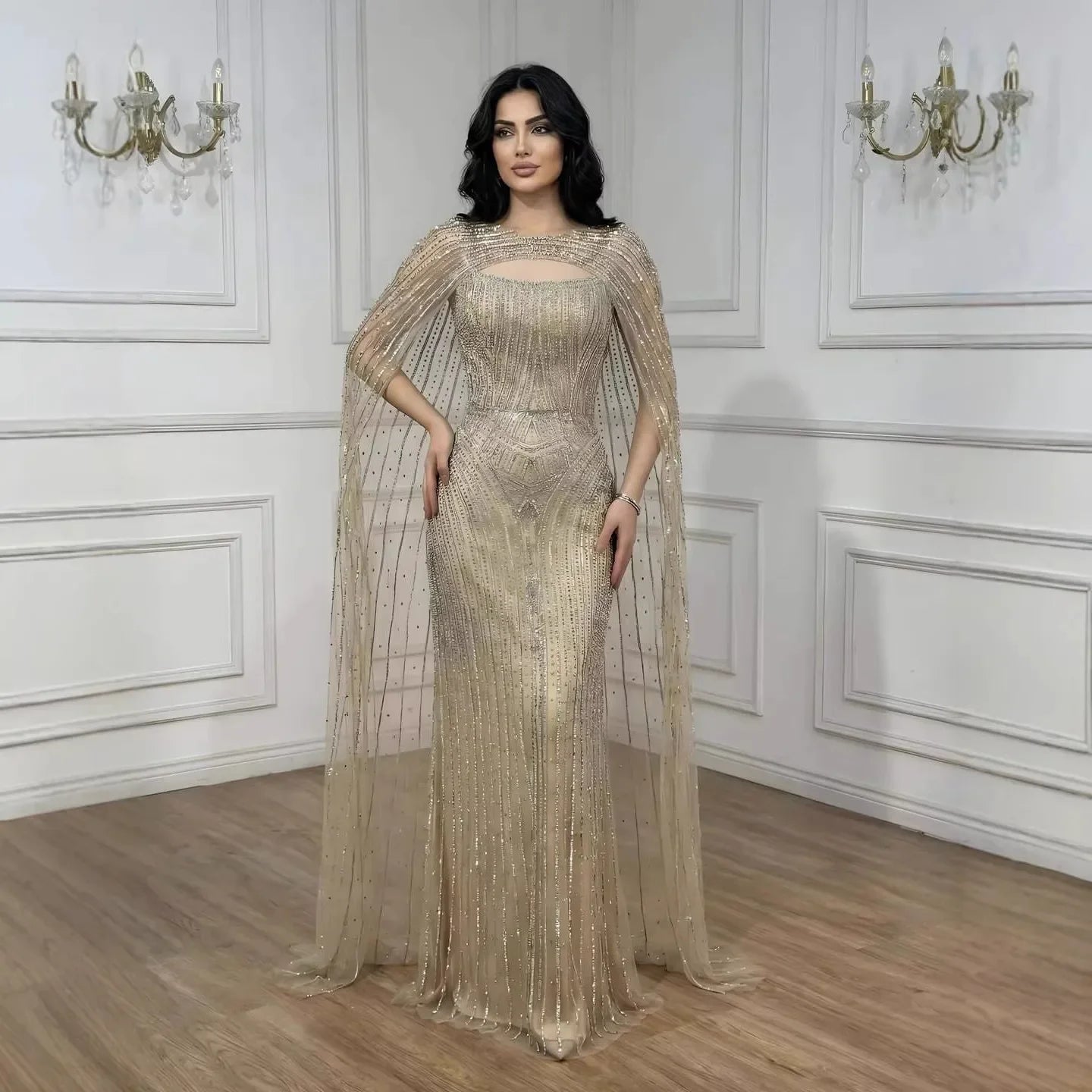 Luxury Blue Diamond Evening Dress With Cape LA73426