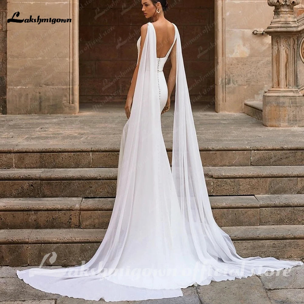 Elegant Soft Satin Crepe V Neck Mermaid Dress With Detachable Cape