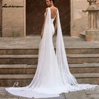 Elegant Soft Satin Crepe V Neck Mermaid Dress With Detachable Cape
