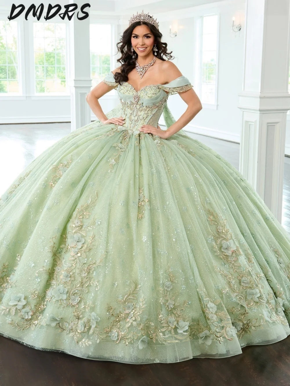 Vestido popular de quinceañera con hombros descubiertos 2025 Encantador vestido de fiesta con flores 3D Brillante vestido de fiesta sin mangas y sin tirantes 16 personalizado