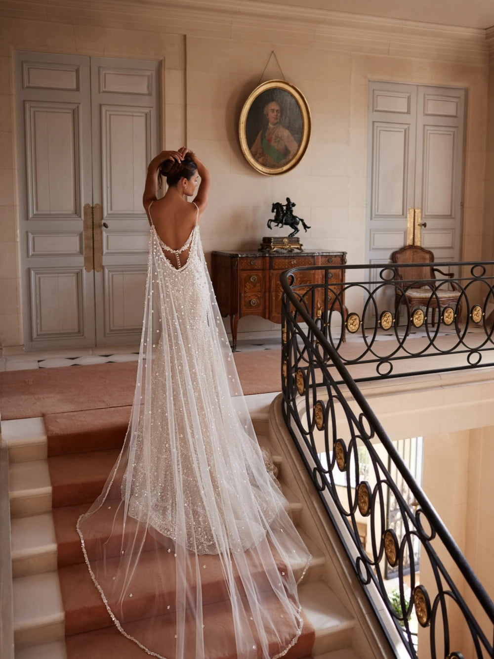 Sparkly Beaded Lace Wedding Dress Deep V Neck Spaghetti Strap Mermaid Gown