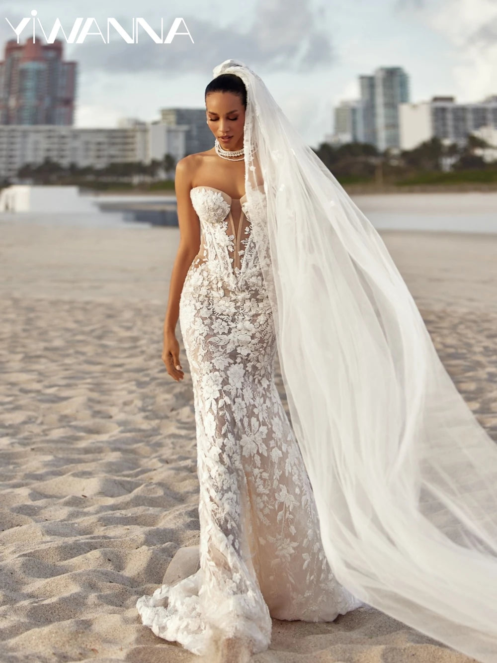 Custom Beaded Lace Mermaid Wedding Dress Sweetheart Neckline Bridal Gown